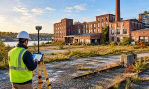Land surveyor conducting an ALTA survey at a former industrial mill property before redevelopment