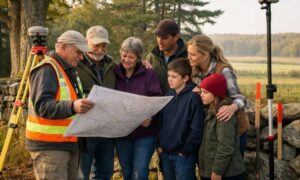 Licensed land surveyor reviewing a property boundary map with a family on rural Maine land before dividing inherited property