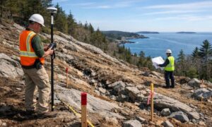 Surveyors mapping a steep coastal hillside with exposed granite ledge during a topographic survey for a construction project
