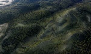 Aerial view of Maine forest terrain showing wooded hills, ridges, and elevation patterns