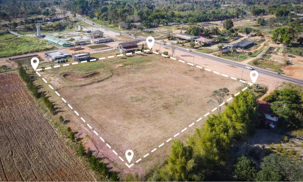 Aerial view of a property in York, Maine with visible boundary survey markings, including dashed lines and pinpoints defining the land's perimeter.