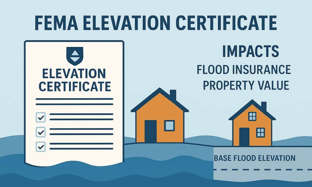  Infographic showing a FEMA elevation certificate alongside two houses at different elevations to illustrate the impact on flood insurance and property value.
