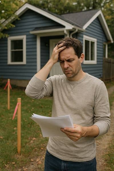 Frustrated homeowner holding mortgage survey paperwork with boundary stakes in yard

