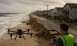 A drone surveyor mapping coastal erosion and storm damage along a flooded shoreline to support post-storm recovery.