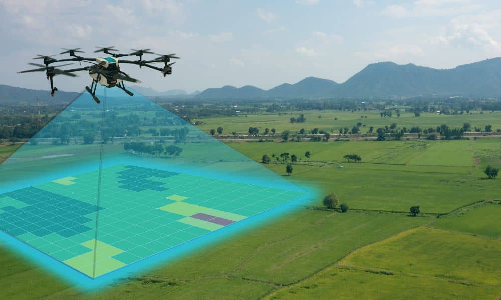 Digital land mapping drone overlay - ALTA SURVEY Maine A drone survey capturing a large landscape with a digital mapping grid projected below