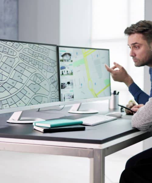 Digital land mapping review - ALTA SURVEY Maine A specialist reviewing drone survey results and digital land maps on dual monitors