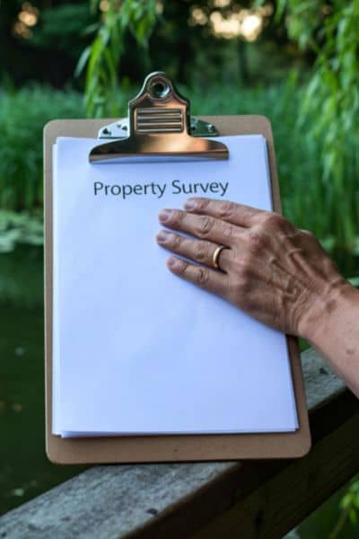 A hand holding a clipboard with a property survey document near an outdoor area