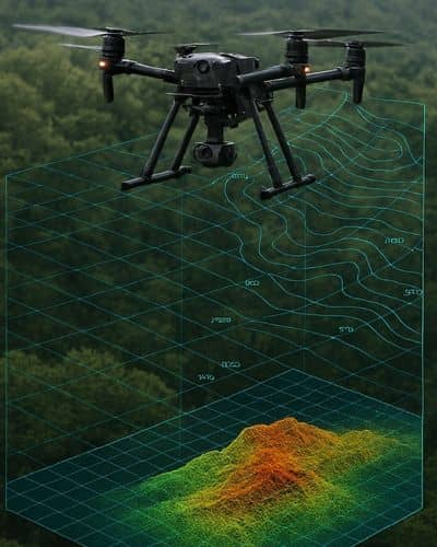 Drone lidar forest mapping - ALTA SURVEY Maine Drone capturing LiDAR data during a UAV survey, showing contour lines and 3D terrain mapping over a forest