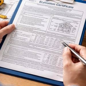 Homeowner reviewing survey documents for refinance - ALTA SURVEY Maine Homeowner reviewing paperwork and plans for an elevation certificate before refinancing a property