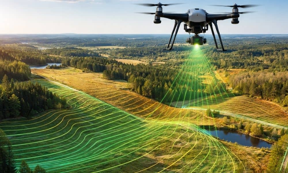 Drone performing airborne LiDAR scanning to collect elevation data for a modern topographic survey over varied terrain
