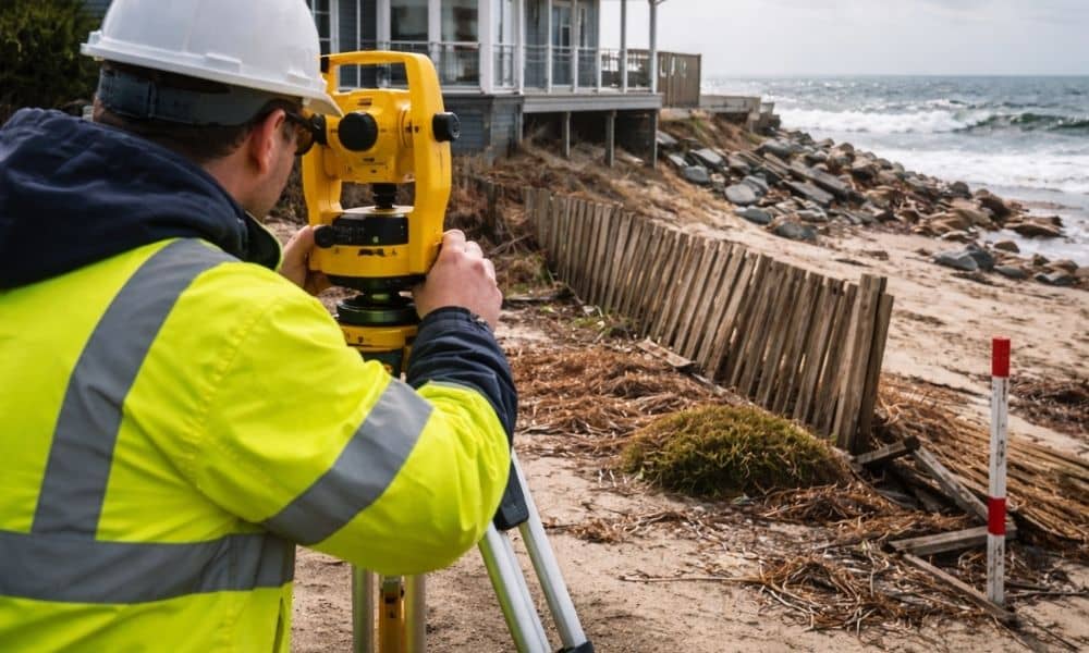 Coastal storm property boundary survey - ALTA SURVEY Maine Licensed surveyor measuring a residential property line after coastal storm damage near a damaged fence and shoreline