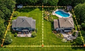 Aerial view of two neighboring properties with a boundary survey line showing the legal property boundary