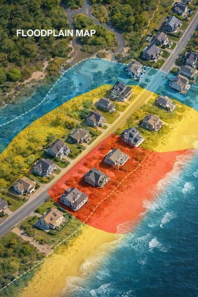 Floodplain map of a coastal neighborhood showing property flood zones where a flood elevation certificate may be needed