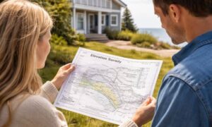 Homeowners reviewing an elevation survey near a coastal property to better understand elevation levels before building or buying