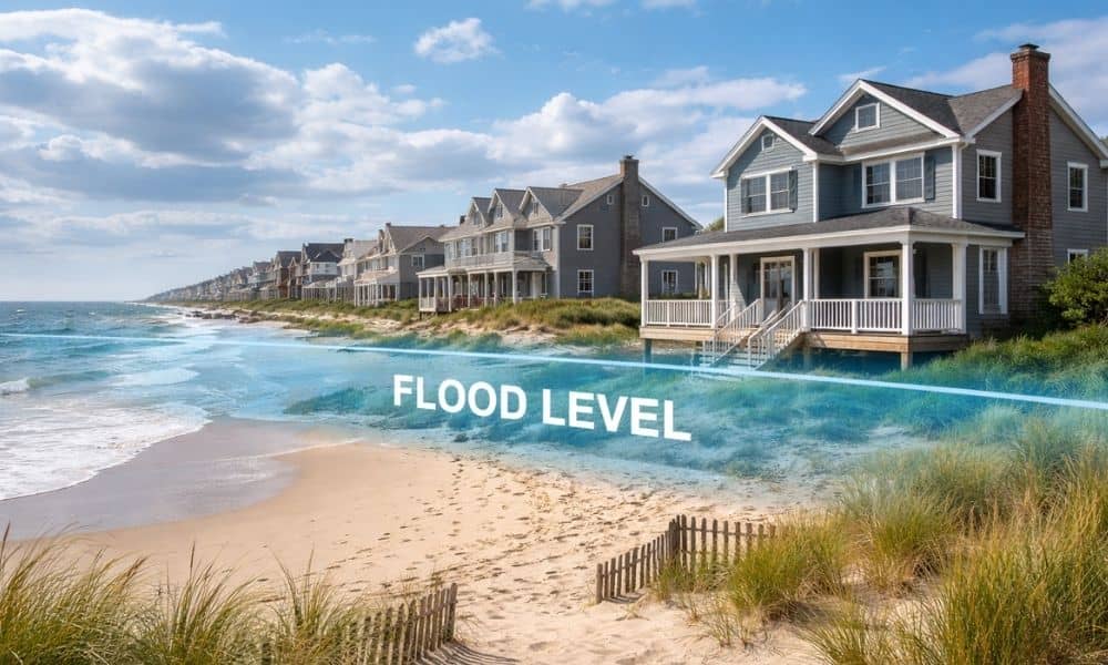 Coastal homes near the shoreline in Maine showing why a flood elevation certificate helps homeowners understand flood risk