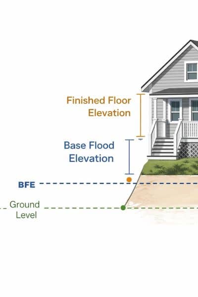 Diagram showing how an elevation survey compares a home’s floor height to the base flood elevation to assess potential flood risk