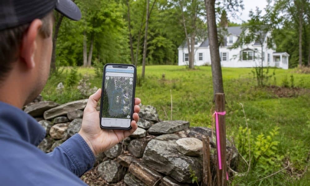 Homeowner checking a digital property map on a phone while standing on their yard, comparing it to the actual land using survey mapping