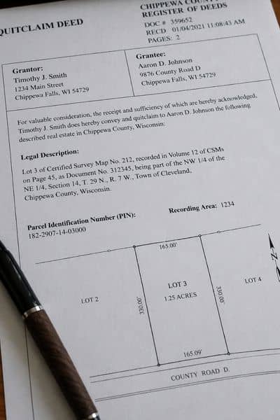 Close-up of property deed with lot dimensions and survey sketch reviewed by a local surveyor
