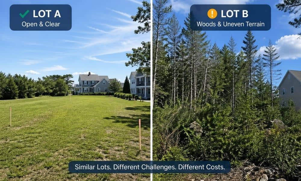 Two similar residential lots, one clear and flat and the other wooded and uneven, showing why land survey cost can vary
