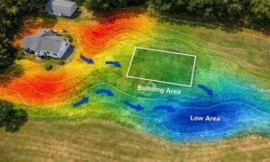 Residential property lidar elevation map drainage view - ALTA SURVEY Maine A residential lot with a color-coded terrain map showing elevation changes and how lidar mapping helps identify drainage flow across the property