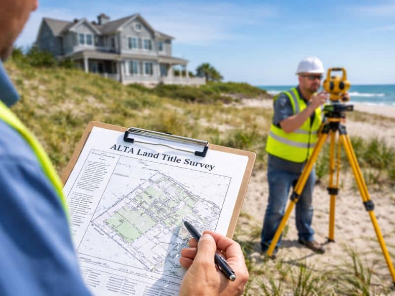 Surveyor performing an ALTA/NSPS Land Title Survey on a coastal property before real estate closing