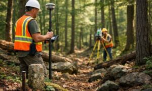 Boundary survey wooded property - ALTA SURVEY Maine Land surveyors conduct a boundary survey on a heavily wooded property using GNSS and total station equipment near a historic boundary marker