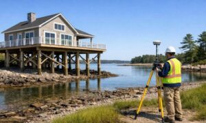 Elevation certificate requirements coastal home surveyor - ALTA SURVEY Maine Surveyor measuring an elevated waterfront home near tidal waters for an elevation certificate in a FEMA V flood zone