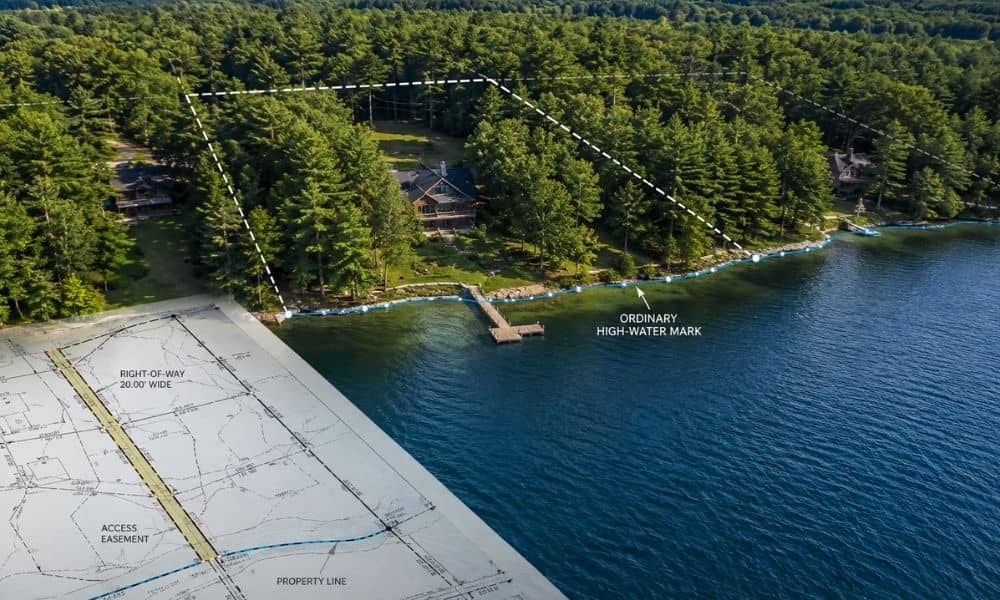 Aerial view of a waterfront property with a dashed boundary line over trees, a dock, and a house along the lake shore