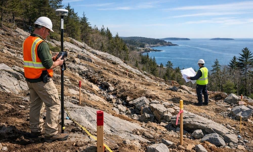Surveyors mapping a steep coastal hillside with exposed granite ledge during a topographic survey for a construction project
