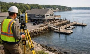 Surveyor conducting an ALTA survey of a commercial waterfront property with docks in York, Maine