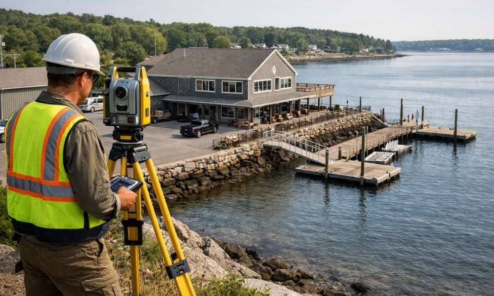 Alta survey commercial waterfront york maine - ALTA SURVEY Maine Surveyor conducting an ALTA survey of a commercial waterfront property with docks in York, Maine