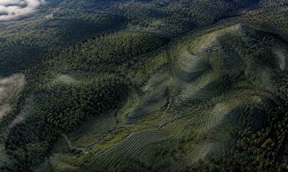 Aerial view of Maine forest terrain showing wooded hills, ridges, and elevation patterns